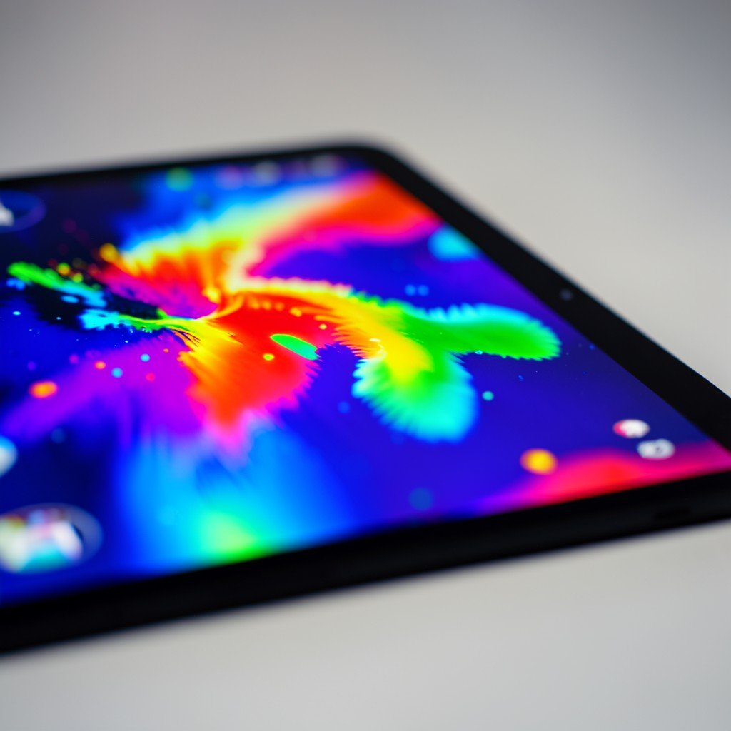 High quality display of a tablet showing vibrant colors on a screen, macro shot, shallow depth of field, neutral gradient background, 4:3 aspect ratio.
