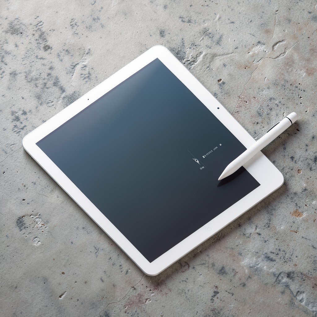 A flat lay of modern digital devices including a tablet and stylus on a textured surface, professional photography, soft lighting, balanced composition, 4:3 aspect ratio.