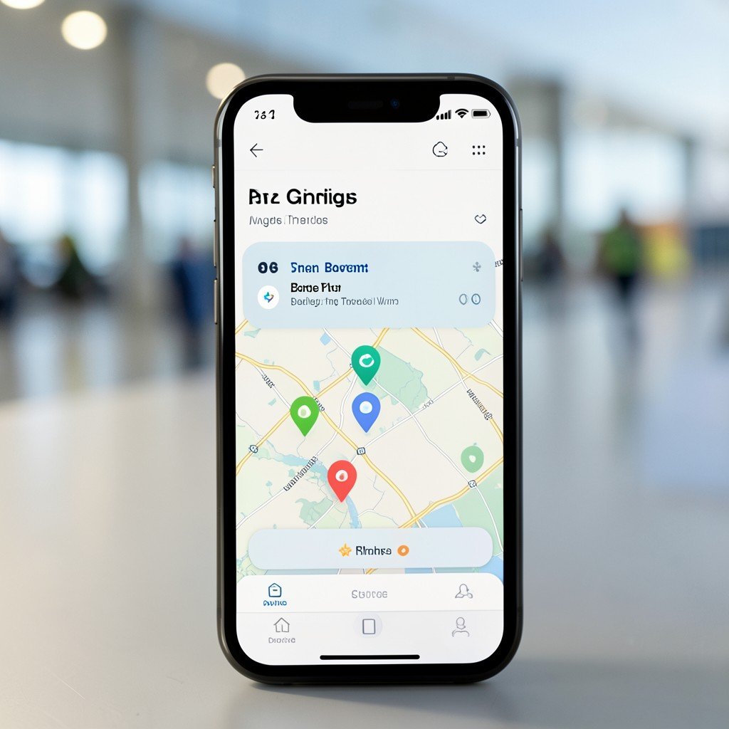 Close-up of a modern smartphone screen showing a flight and baggage tracking app interface with map markers, minimal UI design, blurred airport background, 4:3