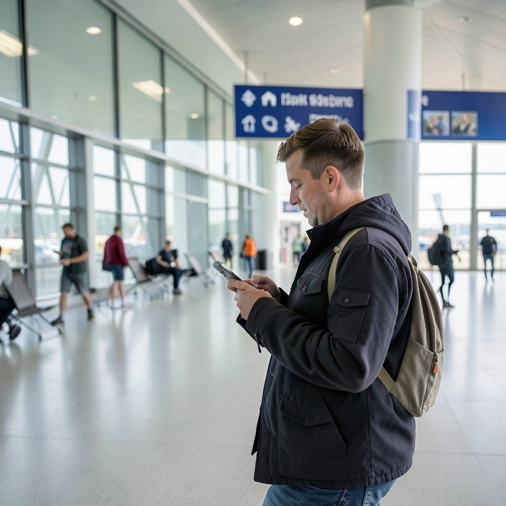 A traveler walking through a modern, bright airport terminal looking at their phone for gate directions, realistic style, soft daylight, 4:3