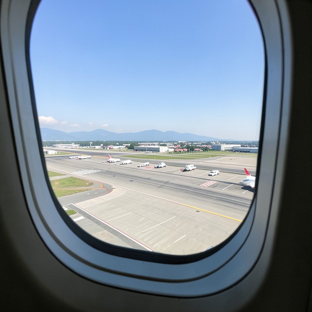 Scenic view from an airplane window looking out at an airport runway during a clear day, high quality travel photography, 4:3