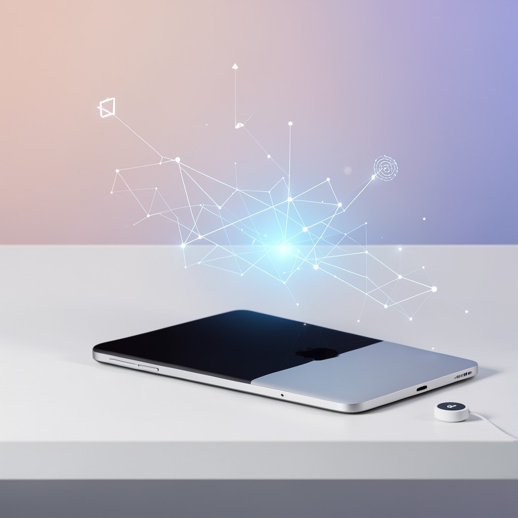 A modern minimalist desk setup with an Apple device and an AirTag, abstract tech security concept, soft gradient background, 4:3 aspect ratio.