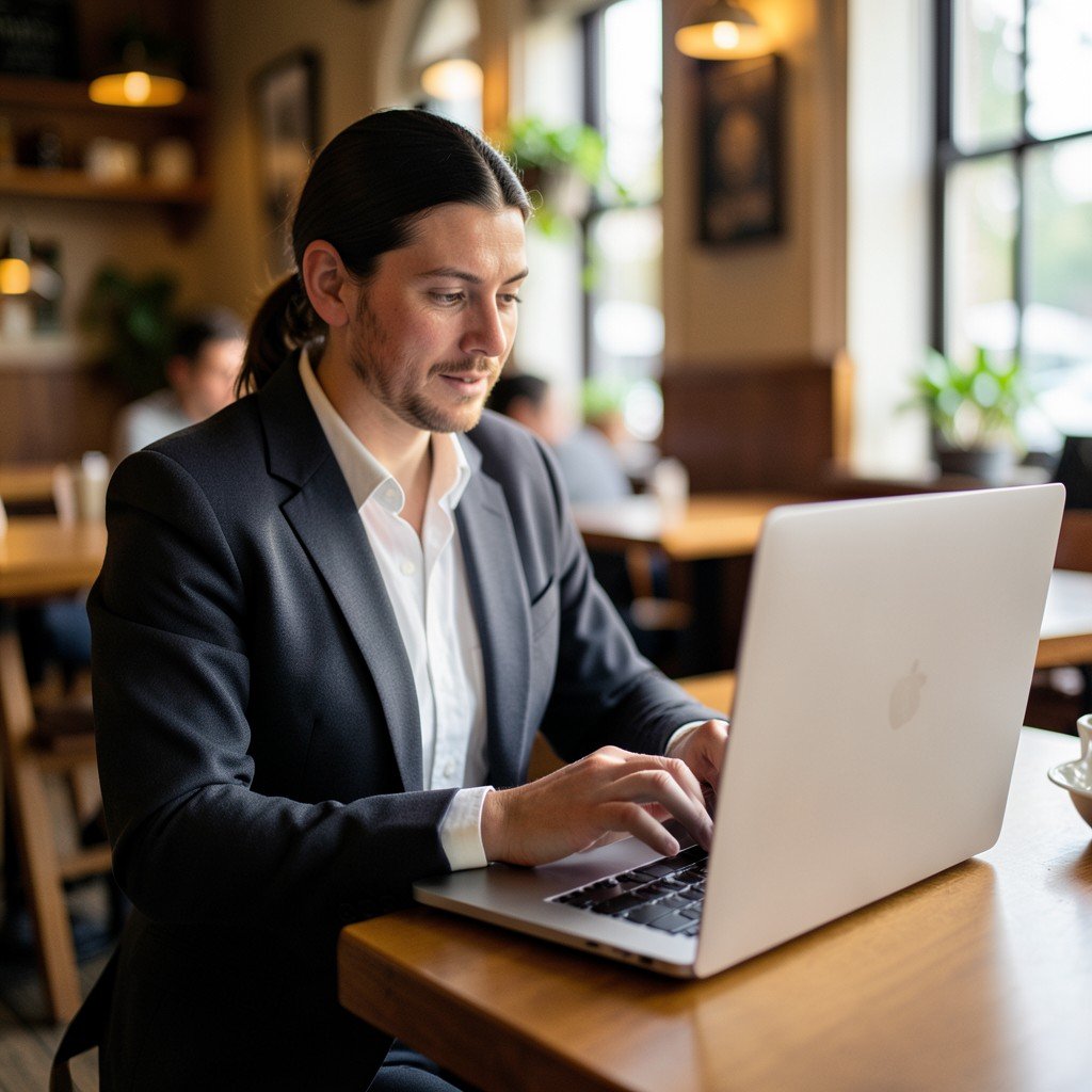 A professional using a sleek silver laptop in a cozy cafe, blurred background, natural lighting, high quality, realistic, 4:3