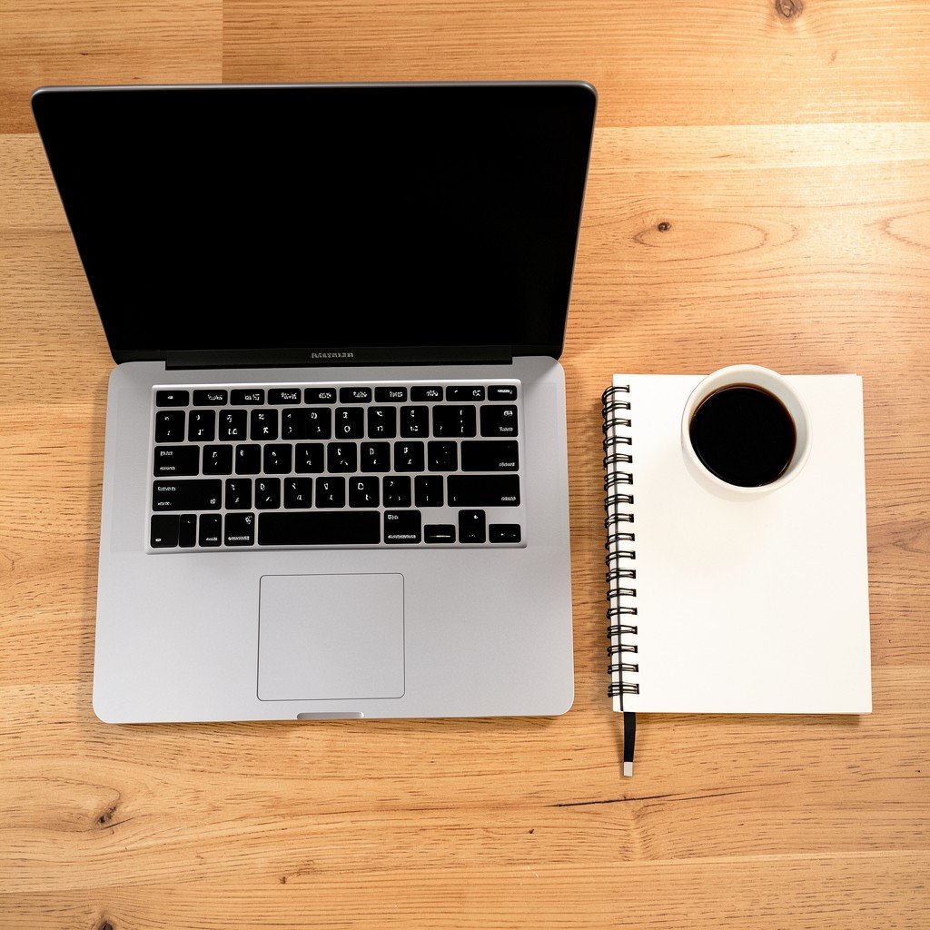 Minimalist setup with a high-end laptop, notebook, and ceramic coffee cup on a wooden desk, top-down view, bright lighting, 4:3