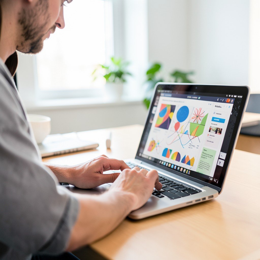 Close-up of a person working on a creative project on a laptop, sharp focus, clean office environment, bright and inspiring atmosphere, 4:3