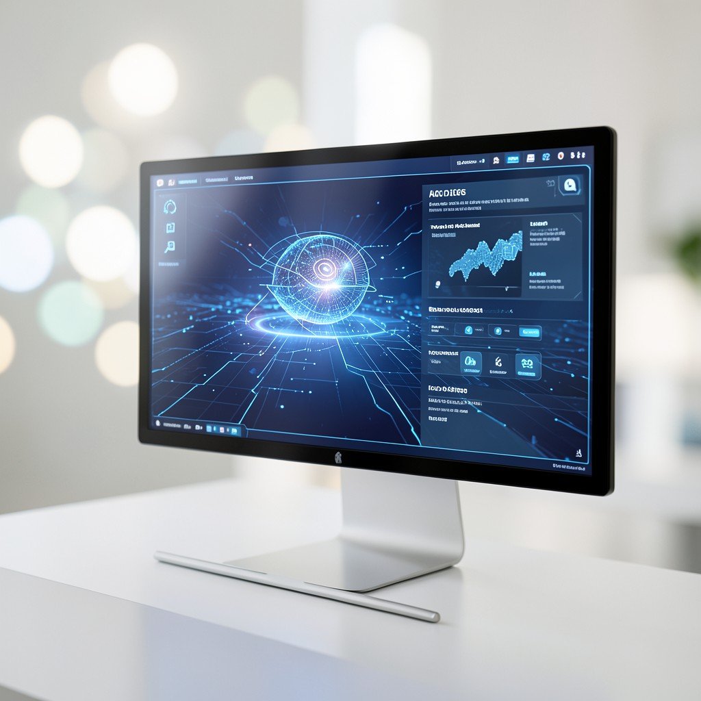 A clean minimalist office space featuring a glowing AI interface on a large monitor, soft bokeh background, professional tech aesthetic, high quality, 1:1
