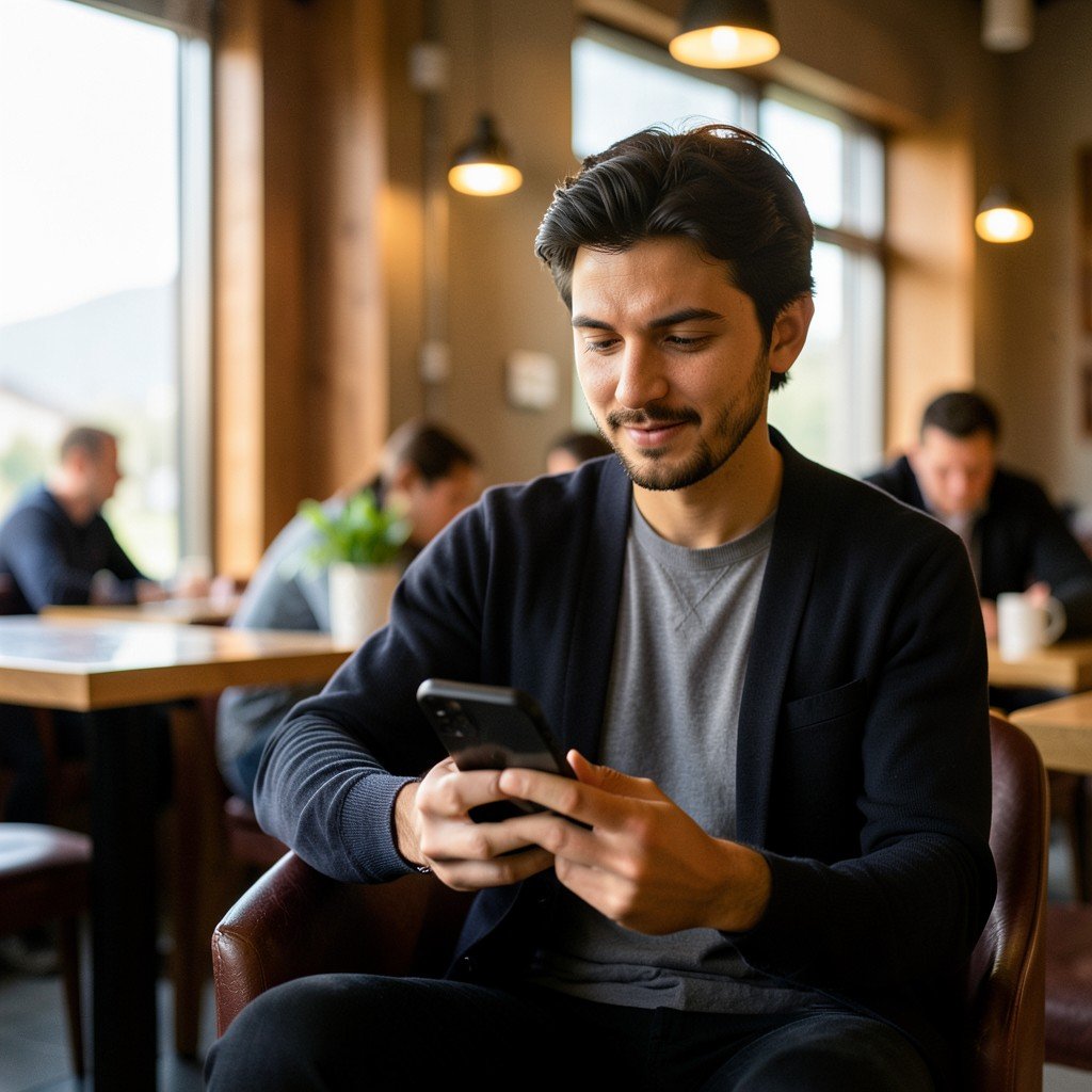 A professional person listening to a podcast on a smartphone while sitting in a cozy modern cafe, soft morning light, depth of field, high resolution, 4:3