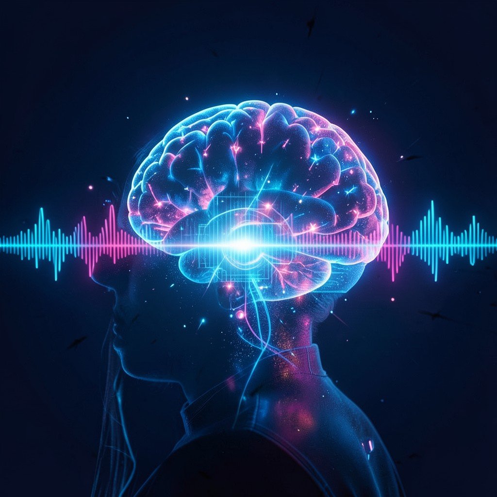 A futuristic digital interface connecting a human mind with a podcast audio wave, abstract artistic representation, dark blue and vibrant light colors, cinematic composition, 1:1
