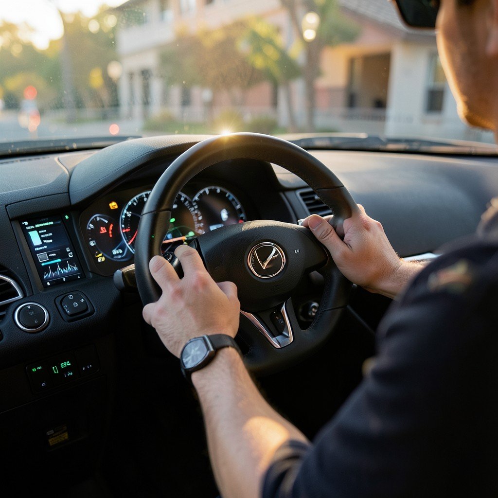 Person driving a car with hands on steering wheel, focus on technology integration in the vehicle, cinematic interior shot, realistic style, 4:3 aspect ratio