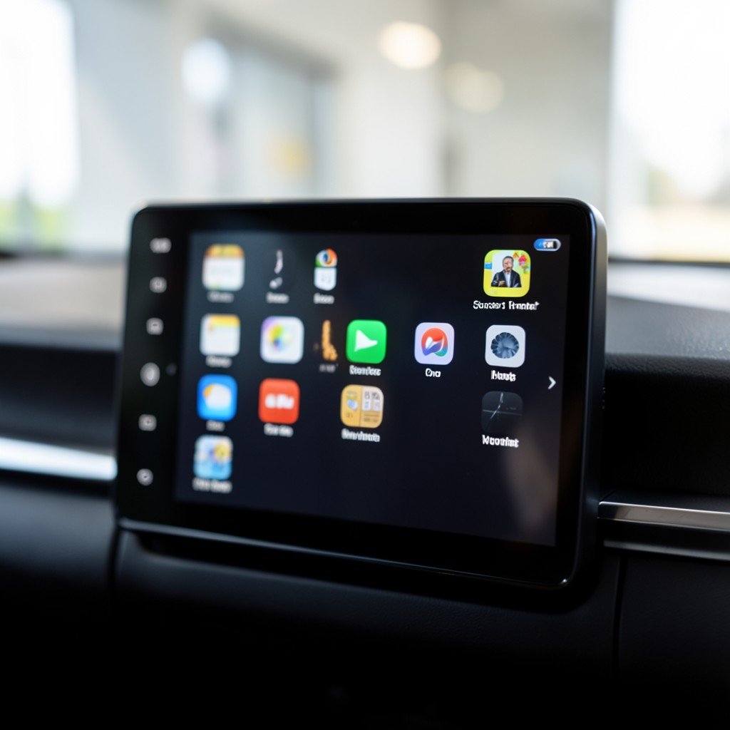 A close up of a modern car dashboard touch screen showing various app icons, soft focus background of a clean interior, high resolution, 4:3 aspect ratio