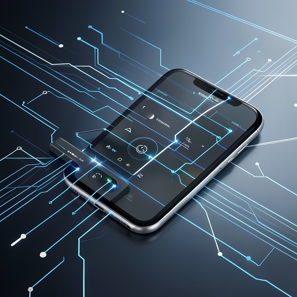 Digital representation of connectivity between a smartphone and a car infotainment system, abstract technical lines, blue and silver theme, modern aesthetics, 4:3 aspect ratio