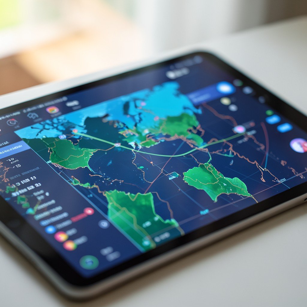Close-up of a digital tablet showing advanced weather maps and AI chatbot interface, professional atmosphere, soft natural light, 4:3.