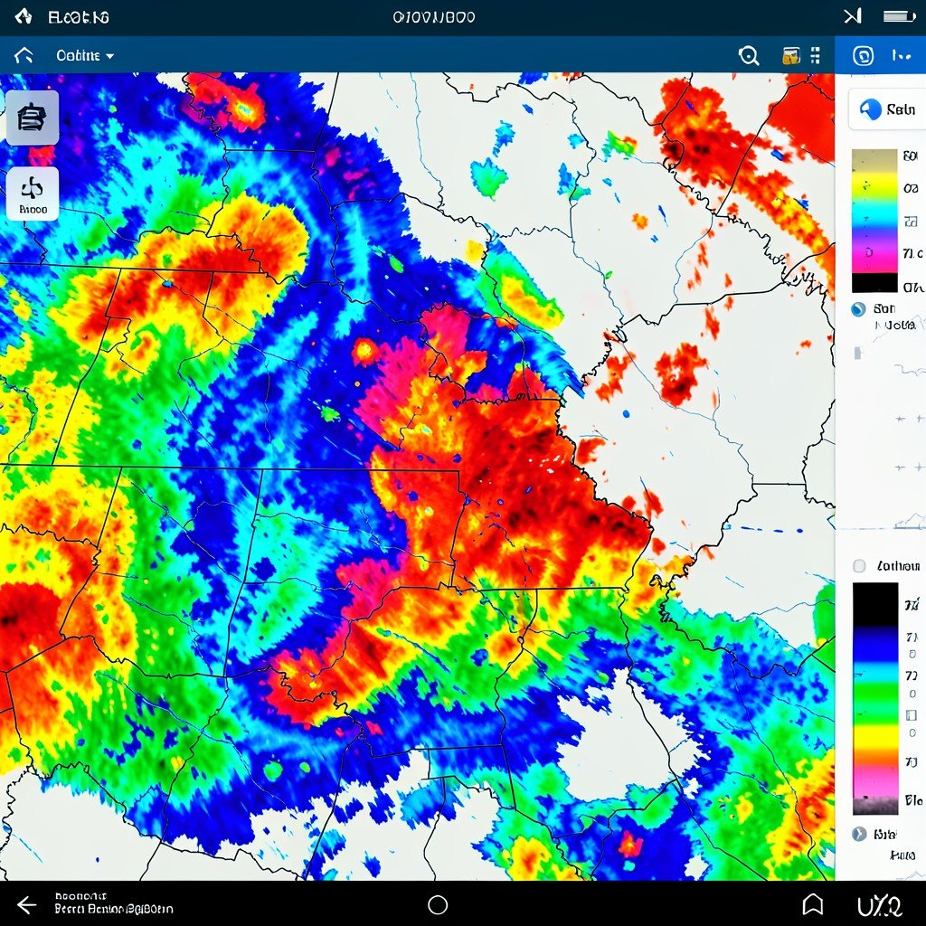 Digital map showing high resolution weather radar layers with storm movement patterns, vibrant colors representing intensity, professional UI design, 4:3.