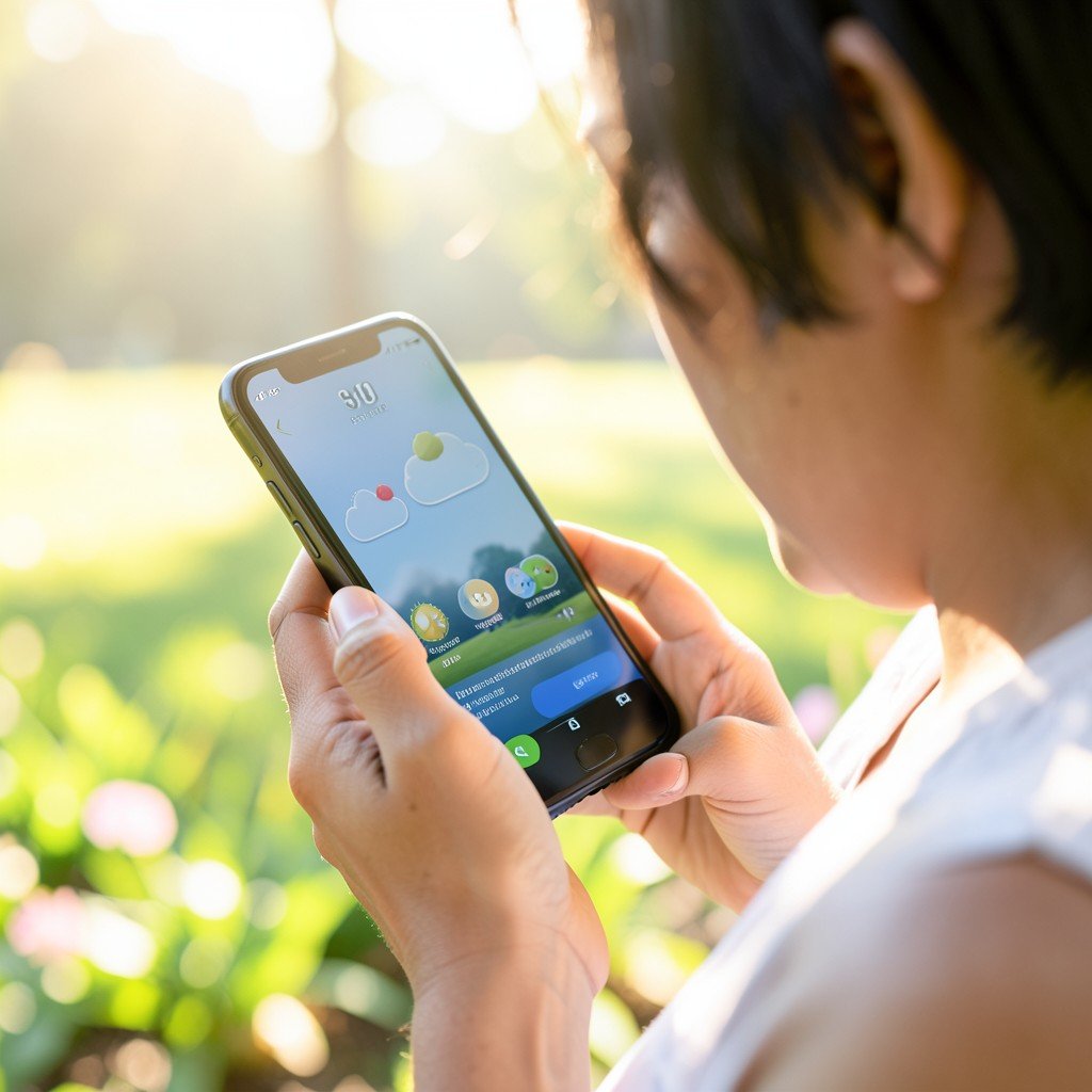 A person looking at a weather app on a smartphone in a bright outdoor setting, realistic photography, natural morning light, 4:3.