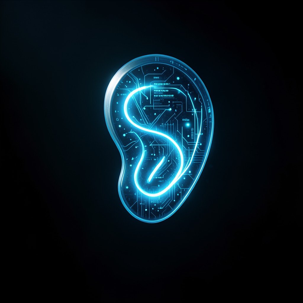 Modern technology concept, glowing blue energy lines representing data processing inside a sleek earphone silhouette, dark cinematic atmosphere, 4:3