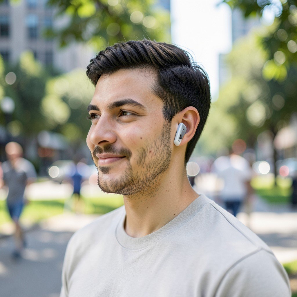 A person wearing modern wireless earbuds in a stylish urban park, natural daylight, soft bokeh effect in the background, candid lifestyle shot, 4:3