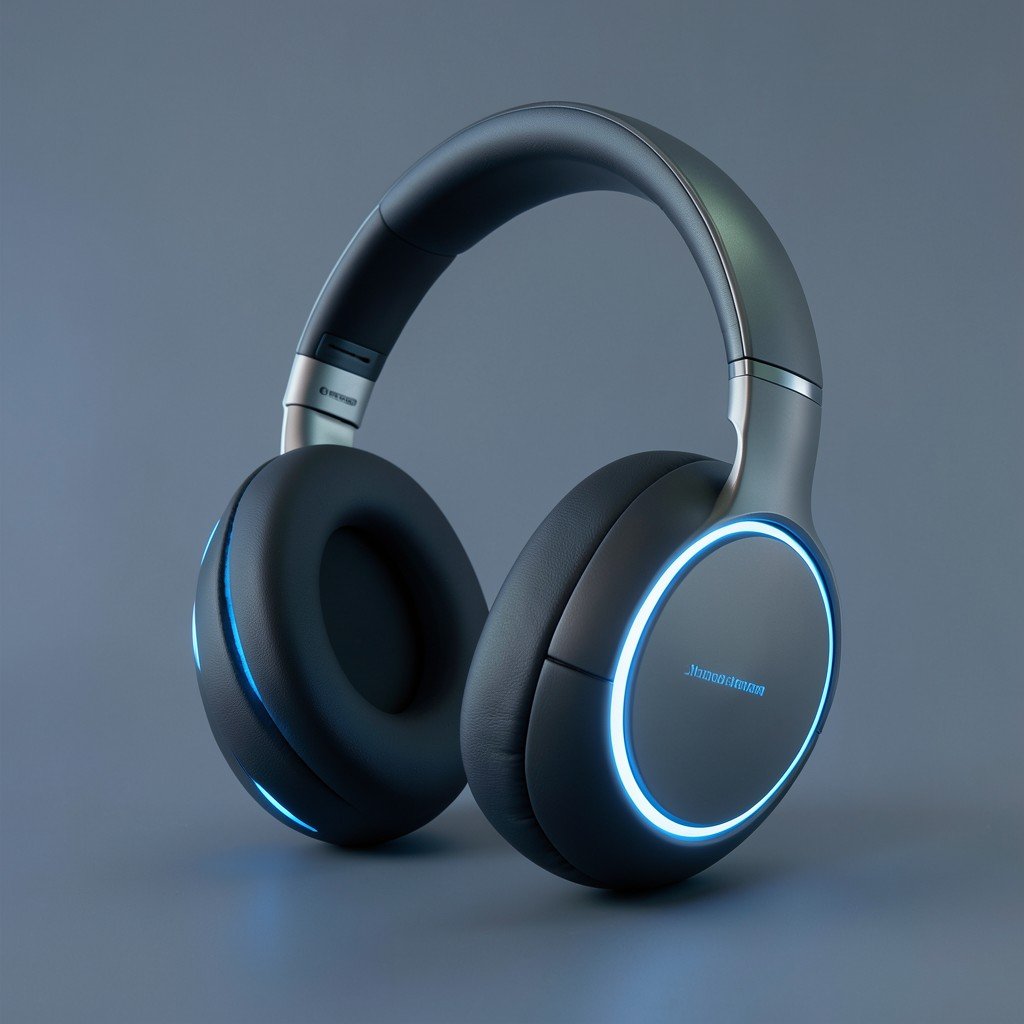 Minimalist industrial design concept of premium over-ear headphones, soft blue light accents, professional product design, 4:3