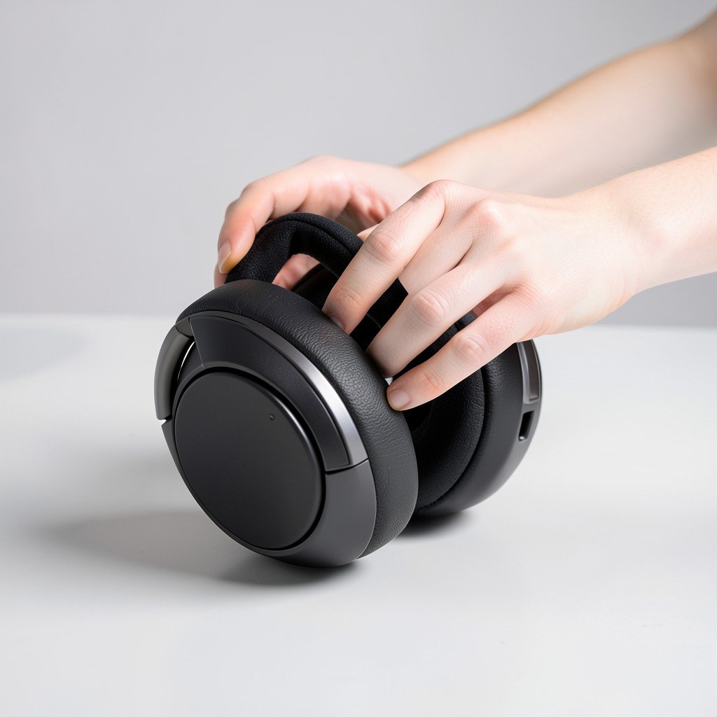 Hands carefully removing earpads from premium headphones, soft studio lighting, clean table surface, high detail, 4:3