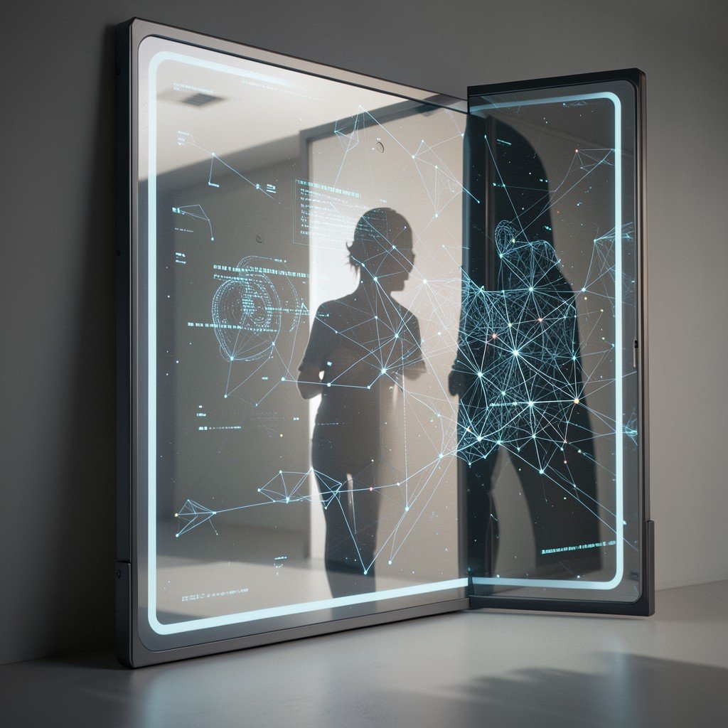 A digital artwork showing a stylized human silhouette reflecting in a digital mirror with complex data nodes, realistic style, soft lighting, 4:3
