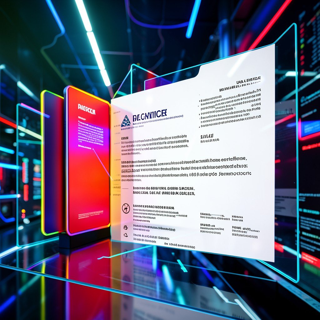 An abstract visual representation of digital barriers and legal documents in a high-tech environment, sharp focus, vibrant colors, 4:3