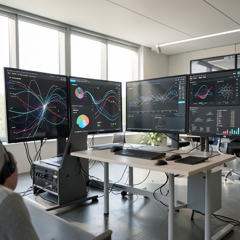 A contemporary office setting with advanced technology and screens displaying abstract data visualizations, realistic style, soft natural lighting, 4:3