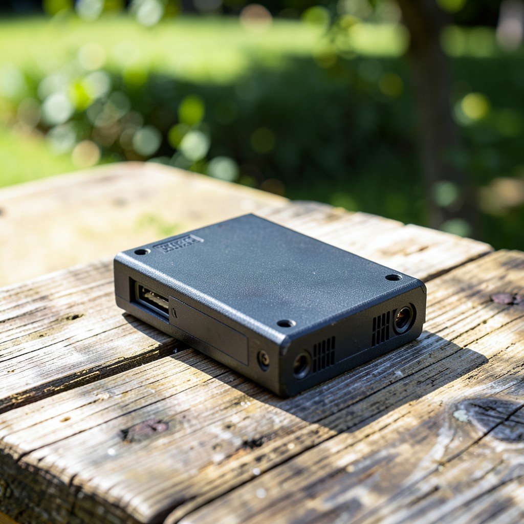 High quality lifestyle photography of a rugged SSD enclosure on a wooden table, outdoor setting, natural daylight, professional gear, 4:3
