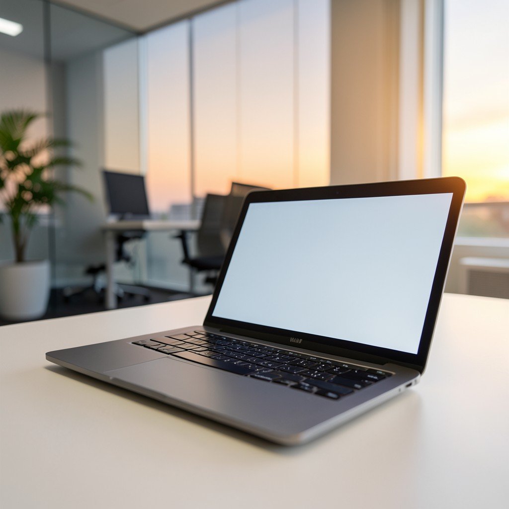A clean and organized modern office environment, a laptop with a calm and professional display, soft sunset lighting, high resolution, 4:3