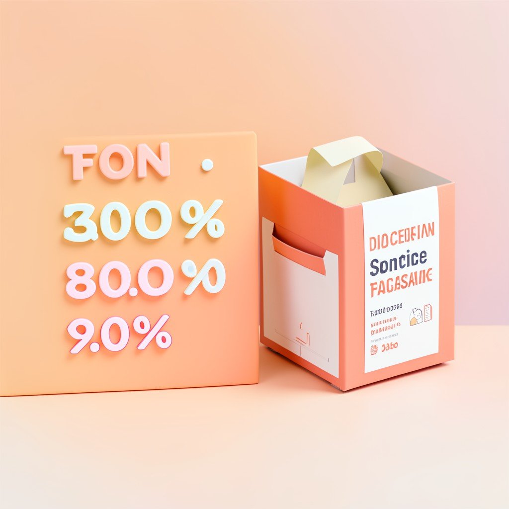 A modern digital concept illustration of discount percentages and shopping packages, warm pastel background, high contrast, clean 3D render style, 4:3