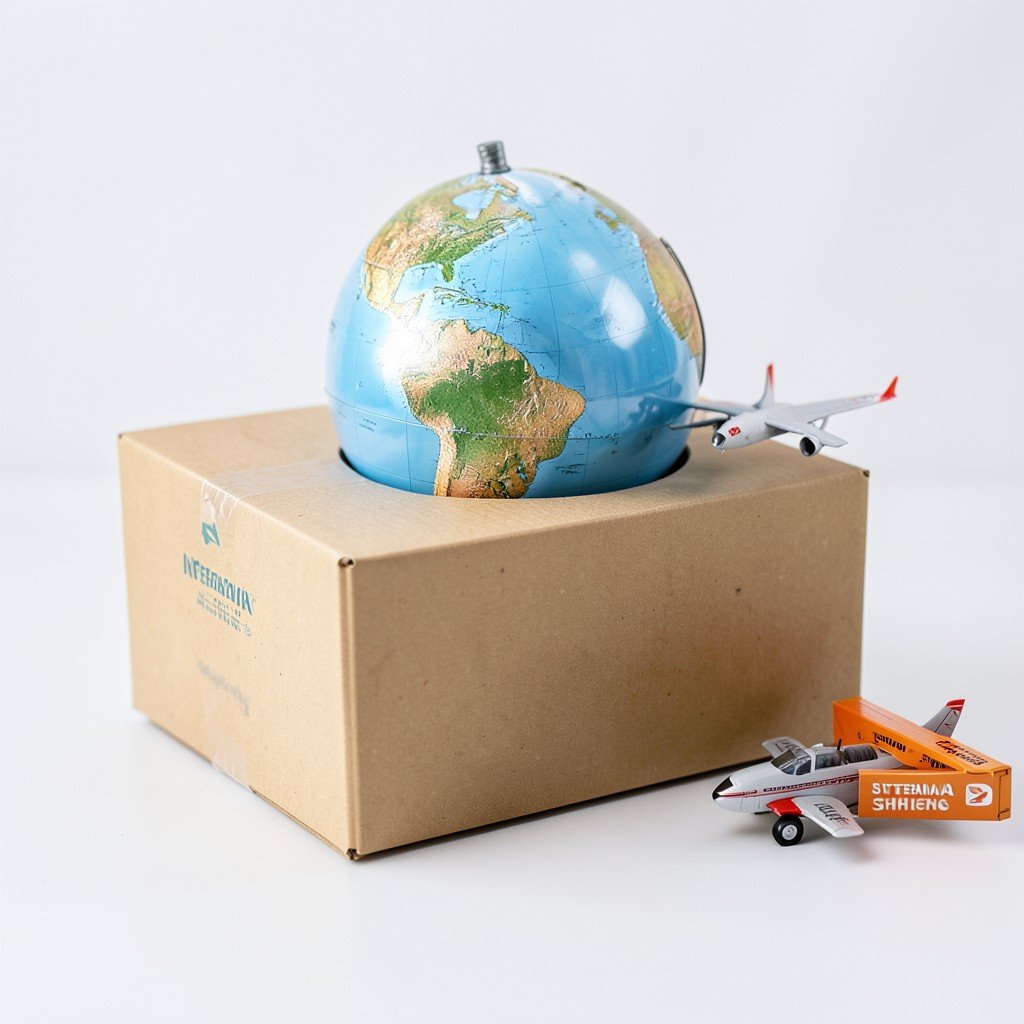 A cardboard package box with a globe and a toy airplane on a clean desk, logistics and international shipping concept, soft focus, bright studio lighting, 4:3