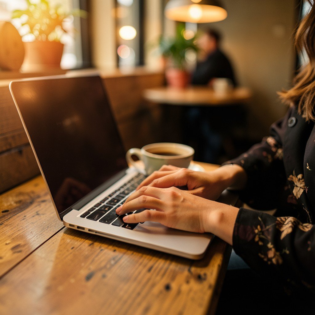 A person's hands typing on a modern silver laptop in a cozy cafe, coffee cup on the side, cinematic look, shallow depth of field, warm tone, 4:3