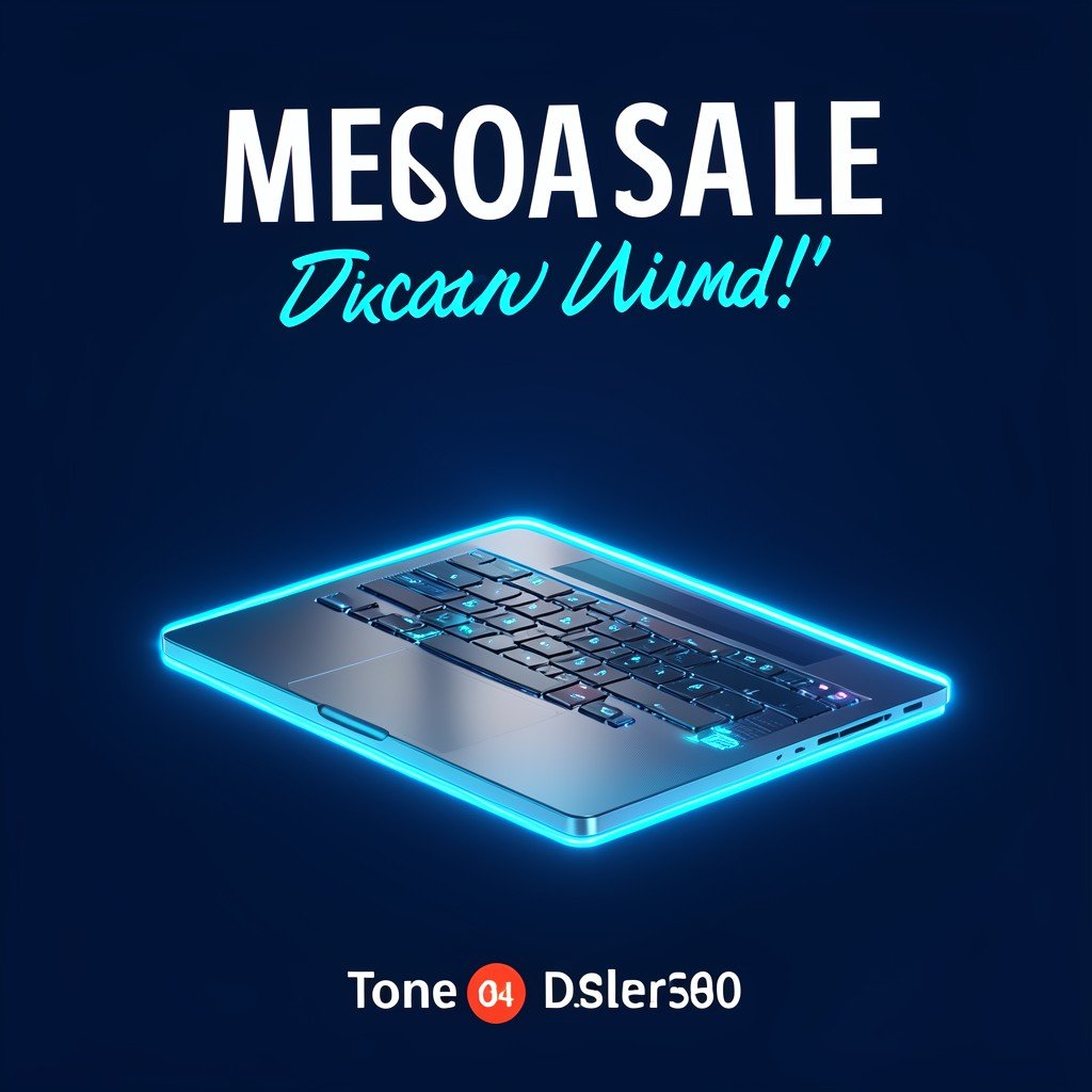 A dynamic illustration showing a high-tech modern slim laptop with glowing blue neon accents around it, depicting a mega sale or discount event, clean dark blue background, 4:3