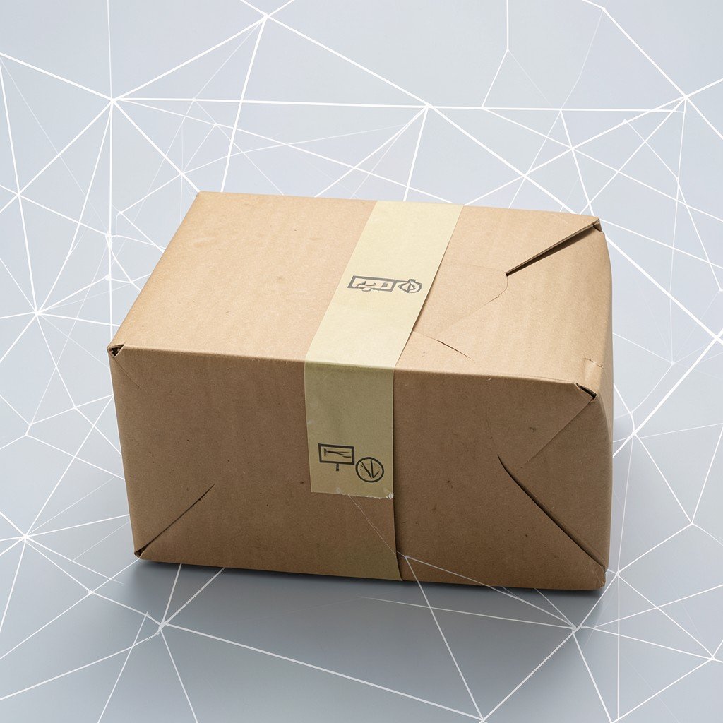 A stylized cardboard package with a secure seal tape on a modern abstract network background, showcasing international shipping and logistics concept, clean aesthetic, 4:3