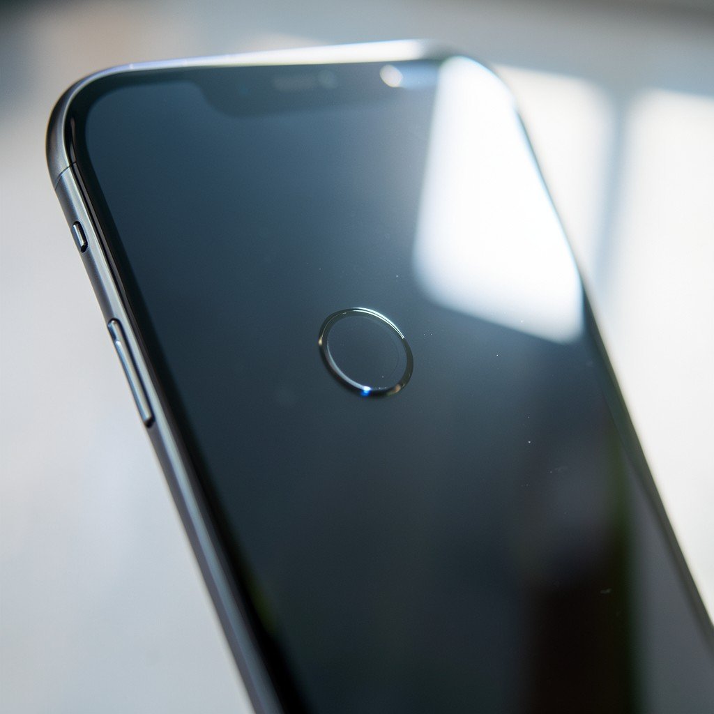 Close-up of a modern smartphone screen showing the camera cutout on the front display, bright ambient light reflecting on the clean glass surface, cinematic depth of field, 4:3