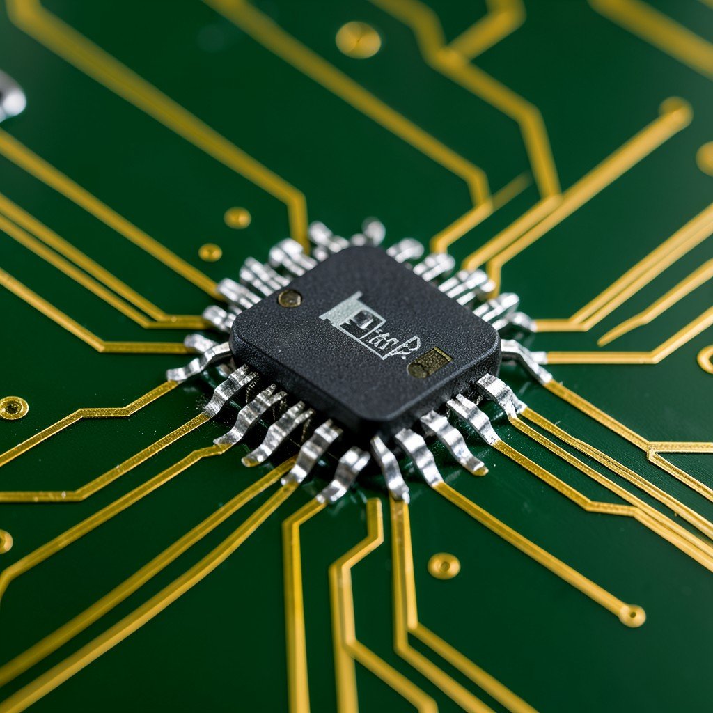 Macro shot of a high-tech mobile processor chip mounted on a dark green circuit board, golden circuit traces, clean high-tech studio lighting, 4:3