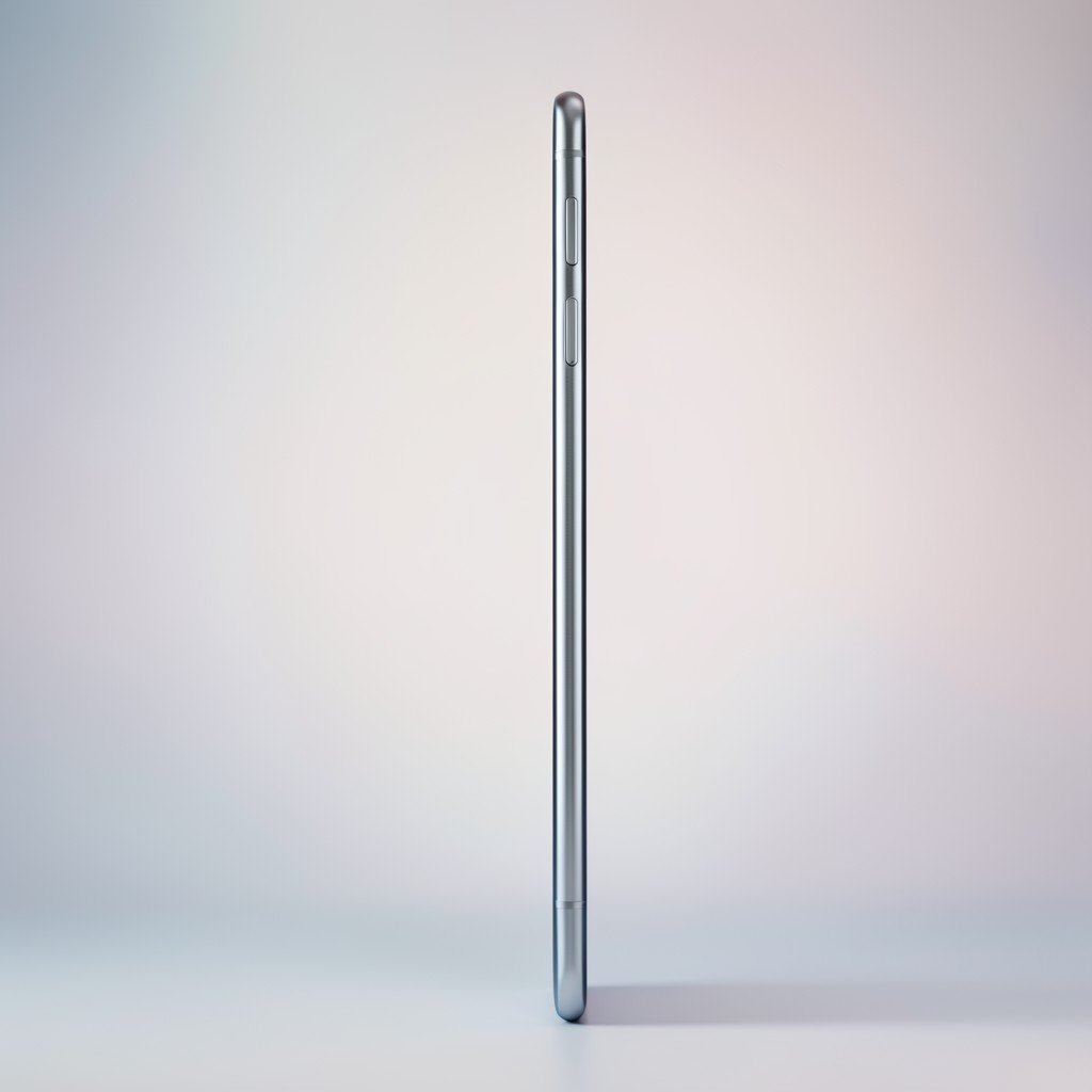 Elegant side-view of an extremely thin smartphone body with a titanium finish, standing vertically against a soft gradient background, professional product rendering, 4:3