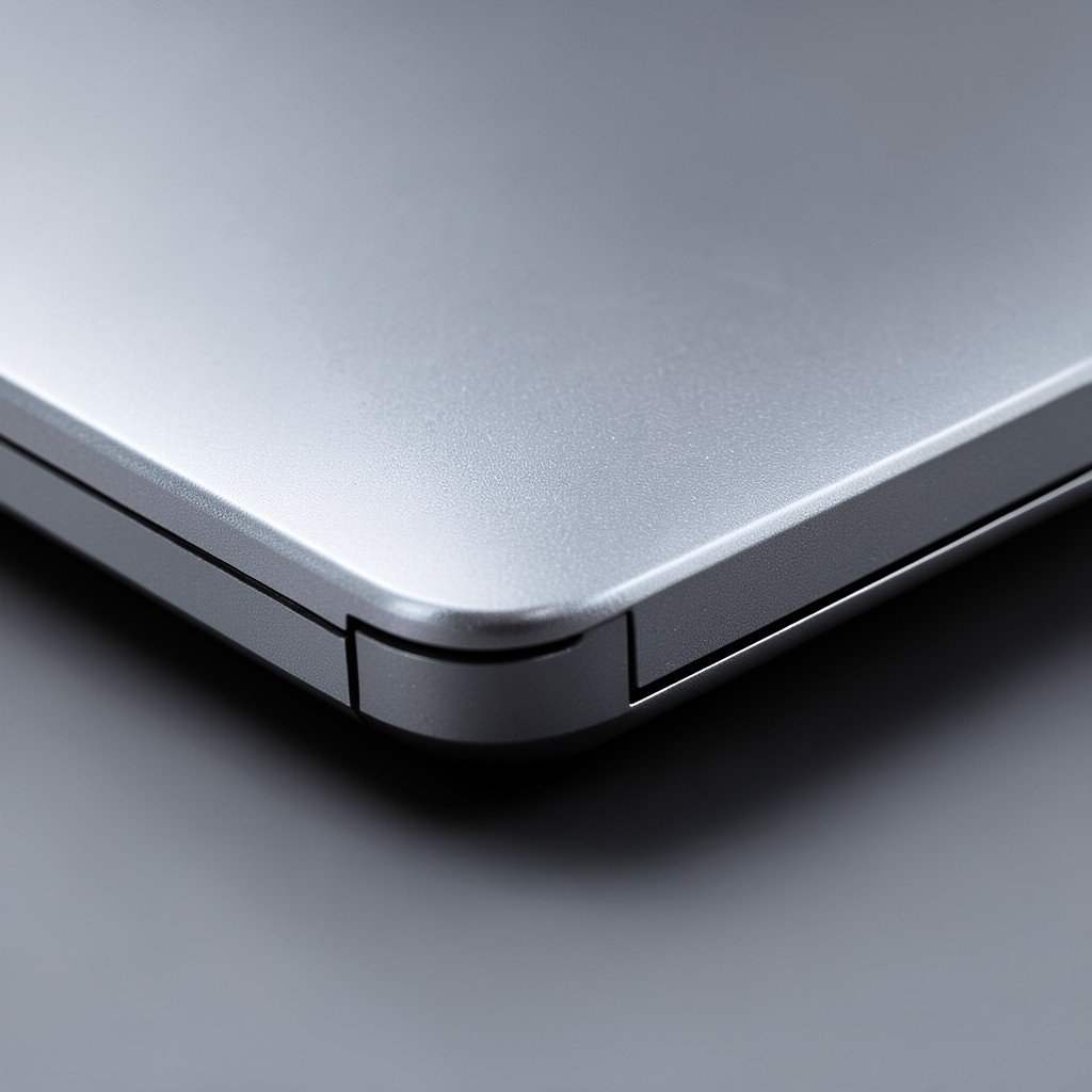 Close up of a metallic laptop corner, focusing on the high-quality finish, sleek curves, modern tech aesthetic, studio lighting, aspect ratio 4:3
