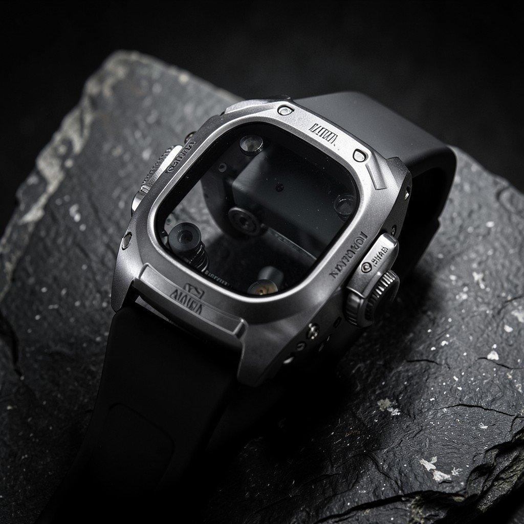 Premium rugged titanium smartwatch with a black sport band, placed on a natural slate stone, moody professional lighting, focus on structural details, aspect ratio 4:3