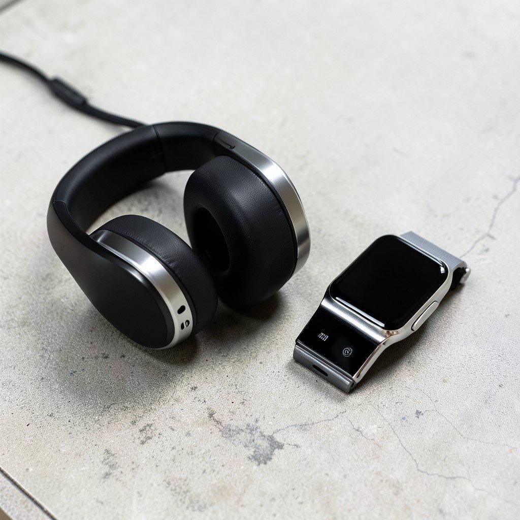 Stylish high-end wireless headphones and a modern smartwatch placed next to each other on a neutral textured table, contemporary tech lifestyle, aspect ratio 4:3