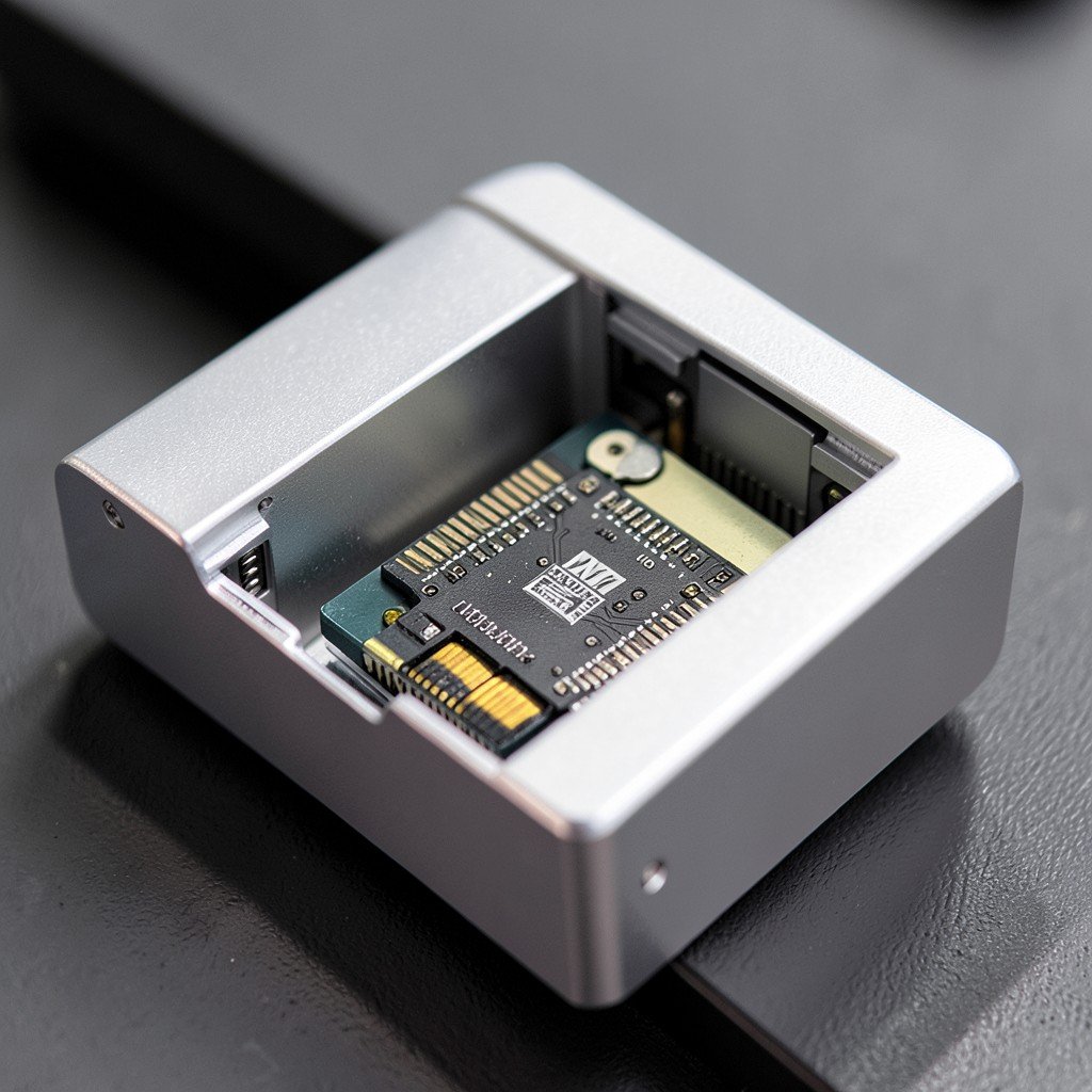 Close-up of an M.2 SSD being installed into a premium aluminum enclosure, technical focus, modern computer accessories, 16:9