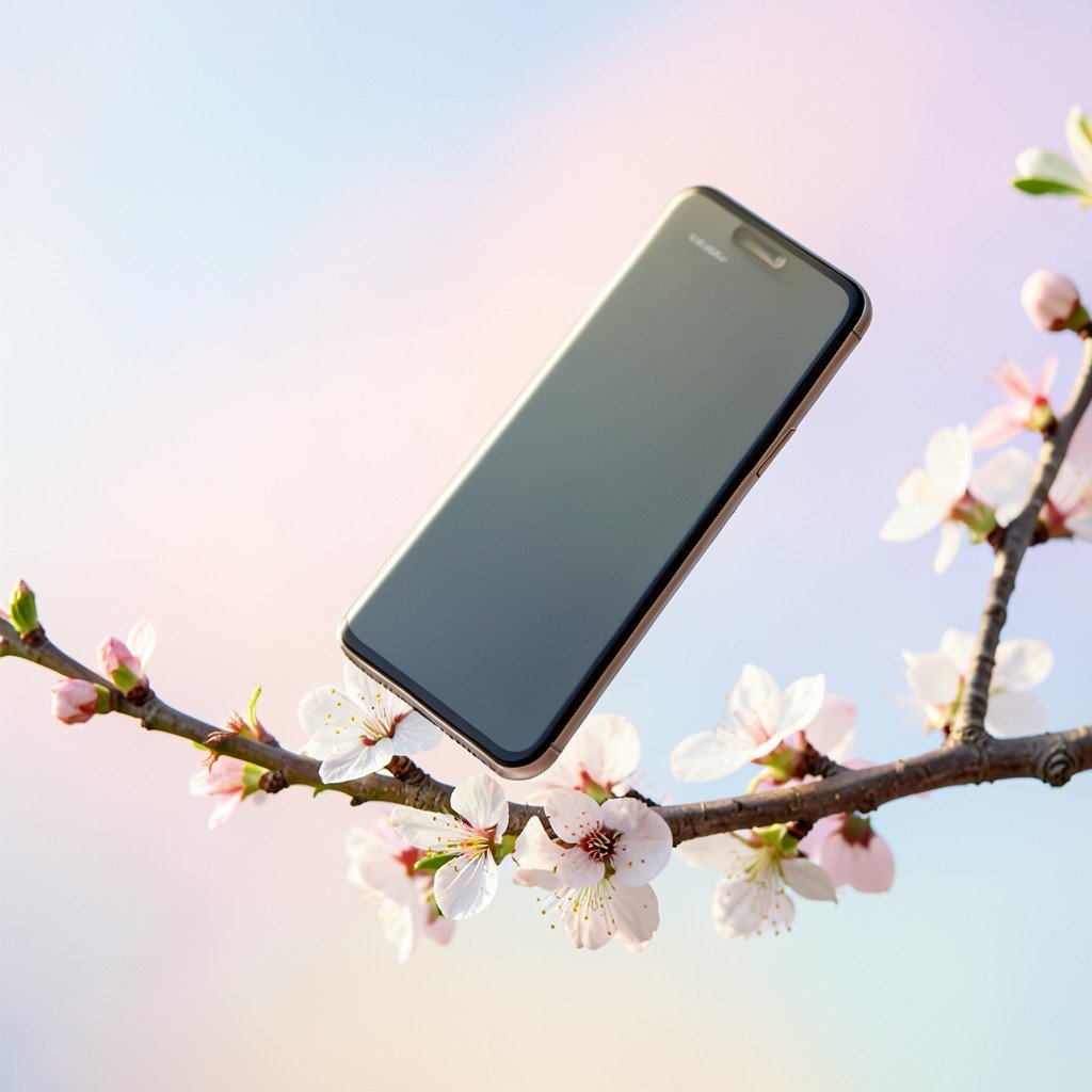 A sleek and slim smartphone floating gracefully above a spring blooming branch, soft morning light, pastel gradient background, modern lifestyle tech photography, aspect ratio 4:3