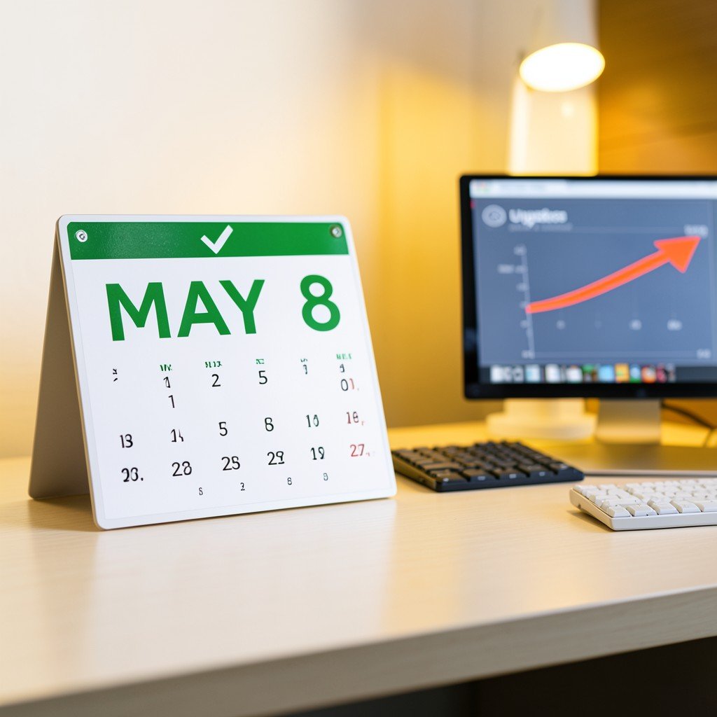 A calendar highlighting May 8 with a checkmark, a Mac screen showing update progress bar, bright warm lighting, clean modern desk, aspect ratio 4:3