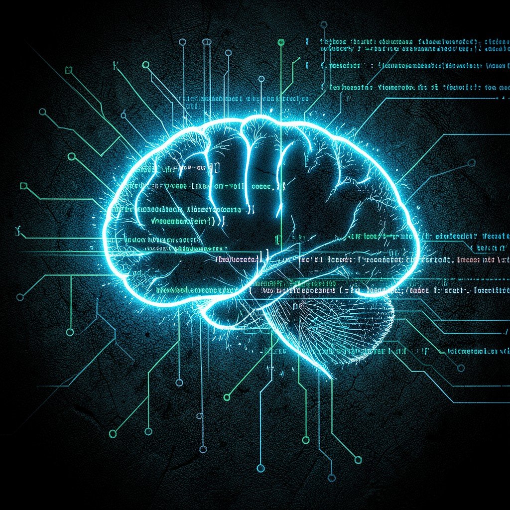 Glowing digital brain analyzing lines of code for vulnerabilities, bright circuit patterns on a dark textured background, high contrast, 4:3