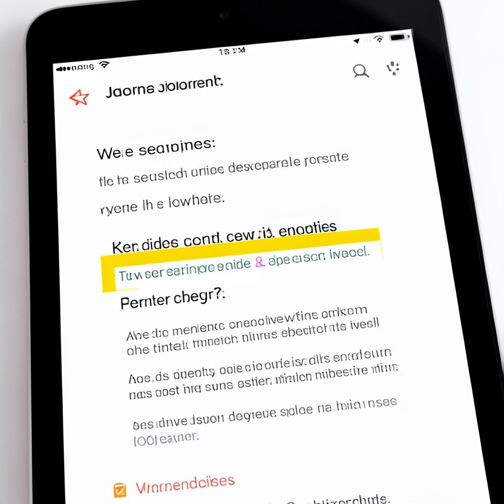 Close up of a tablet screen displaying a summarized journal entry with highlighted key points and a suggested title, clean modern interface, high contrast, informational style, aspect ratio 1:1