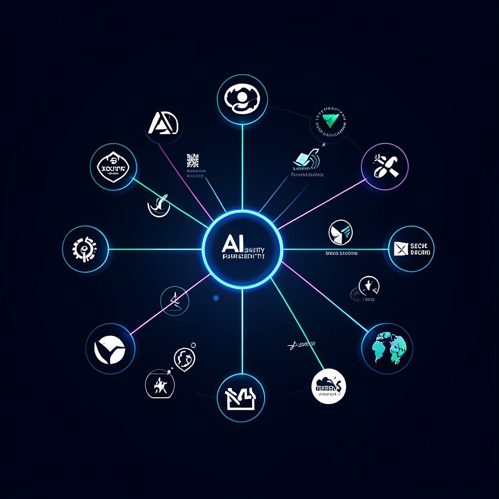 Network of global tech company logos connected by glowing lines representing AI security partnership, dark navy background, clean modern layout, centered focus, 1:1