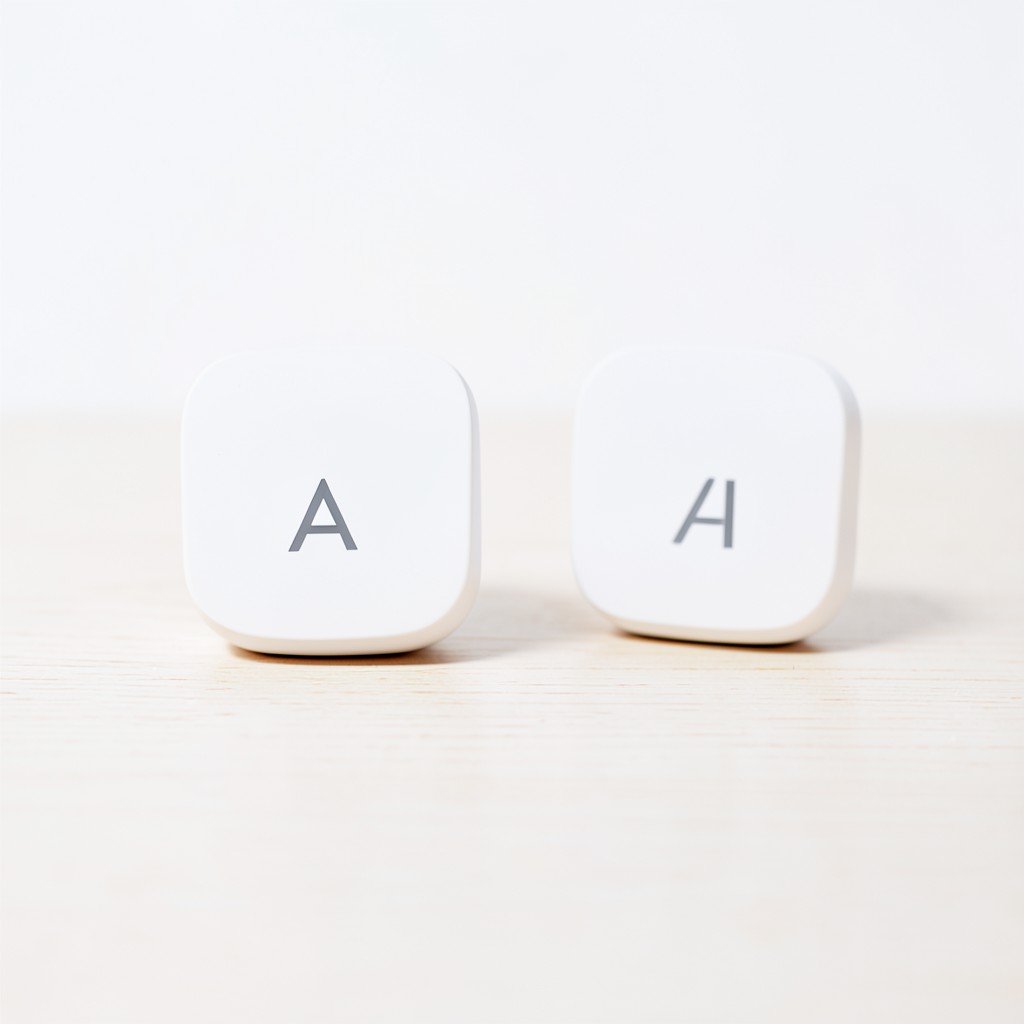 A small square AI button device next to wireless earbuds on a table, product photography, clean modern layout, bright balanced lighting, 4:3 aspect ratio