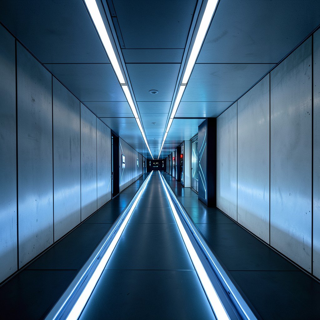 Two parallel light paths merging into a balanced center, futuristic tech corridor, clean architectural lines, high contrast, no text, aspect ratio 4:3