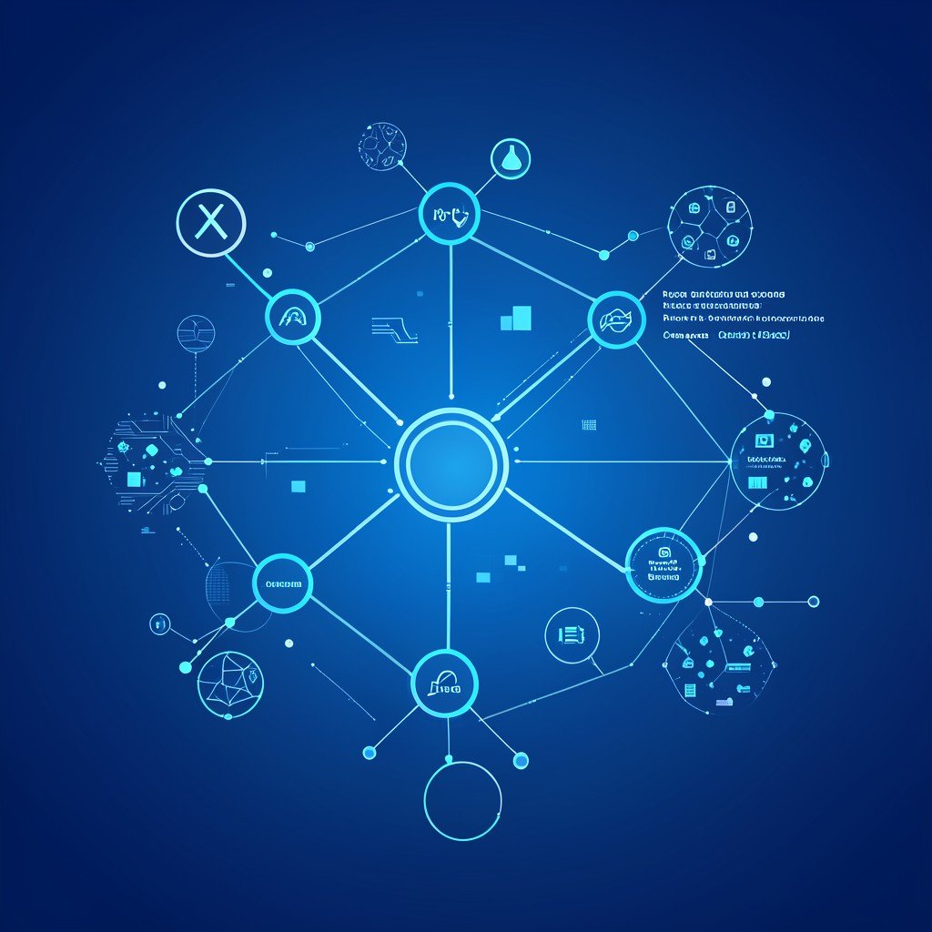A conceptual image of a reorganized corporate structure with abstract connecting nodes and digital AI elements, clean infographic style, deep blue gradient background, 1:1