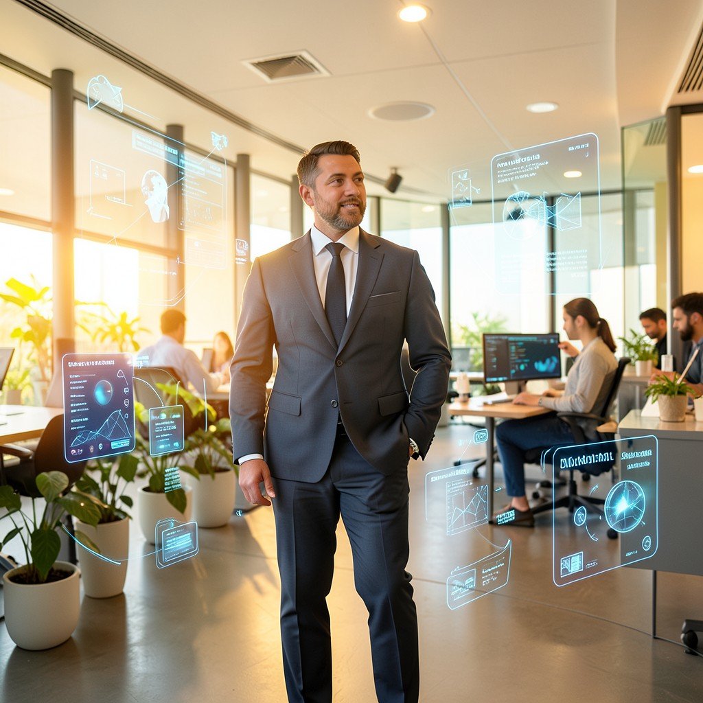 A professional executive stepping into a modern tech office with augmented reality AI interface elements floating around, lifestyle photography, warm bright lighting, 1:1
