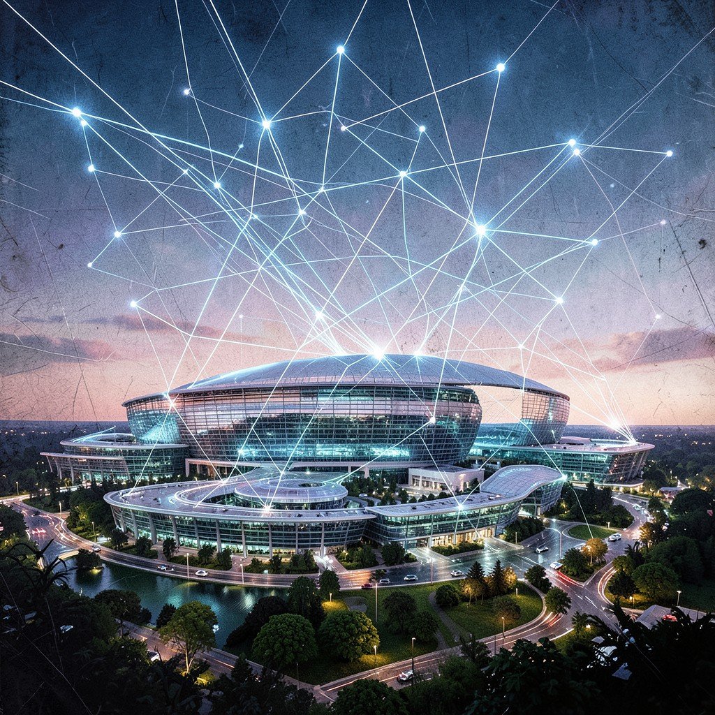 A futuristic but realistic Apple Park campus with glowing AI network lines superimposed over the sky, illustration style, textured artistic background, 4:3