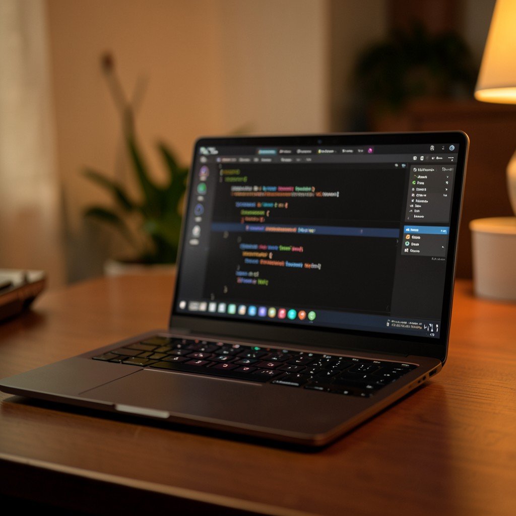 A sleek laptop on a desk showing a modern AI coding interface, ambient warm lighting, focused atmosphere, 4:3